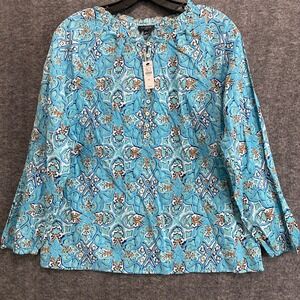 NWT Talbots Tunic Top Womens PL Blue Floral Ruffle Henley Boho Coastal Vacation